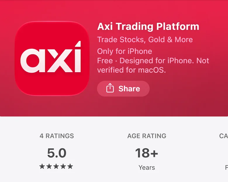 Australian App Store listing for Axi Trading Platform showing 4 ratings averaging 5.0 out of 5, captured October 2026