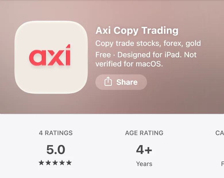 Australian App Store listing for Axi Copy Trading showing 4 ratings averaging 5.0 out of 5, captured October 2026
