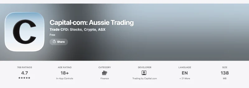 Australian App Store listing for Capital·com: Aussie Trading showing 768 ratings averaging 4.7 out of 5, captured August 2026