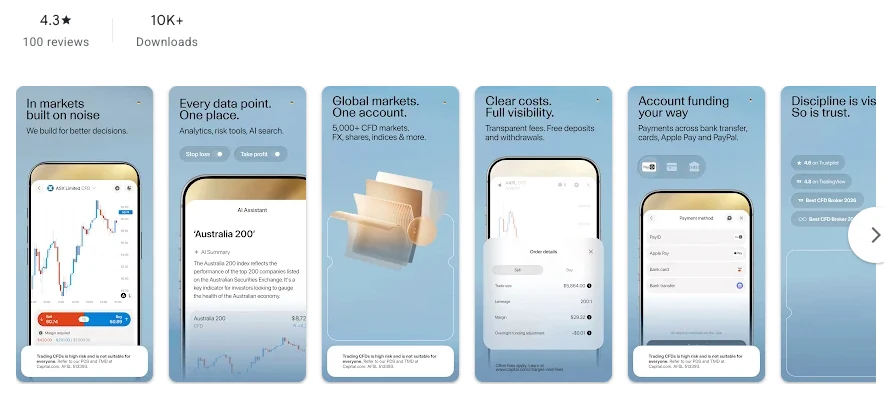 Google Play listing for Capital·com: Aussie Trading showing 4.3 out of 5 from 100 reviews, captured October 2026