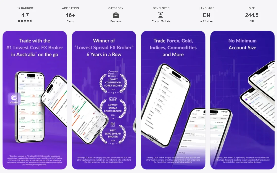 Australian App Store listing for Fusion Markets cTrader showing 17 ratings averaging 4.7 out of 5, captured October 2026