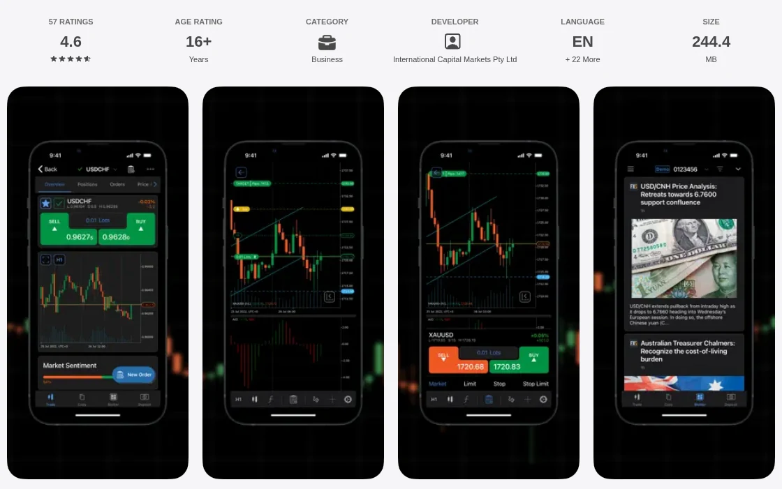 Australian App Store listing for IC Markets cTrader showing 57 ratings averaging 4.7 out of 5, captured October 2026