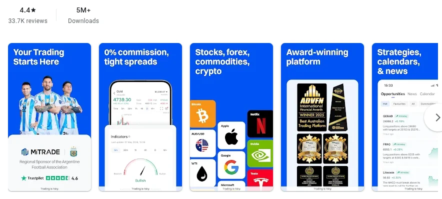 Google Play listing for Mitrade - Trade Global Markets showing 4.4 out of 5 from 33.7K reviews, captured October 2026