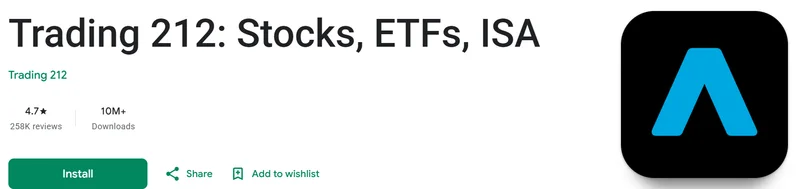 Google Play listing for Trading 212: Stocks, ETFs, ISA showing 4.7 out of 5 from 258K reviews, captured August 2026