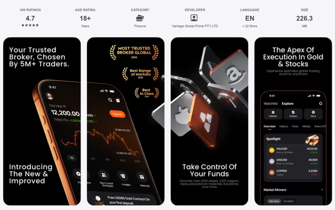 Australian App Store listing for Vantage:All-In-One Trading App showing 346 ratings averaging 4.7 out of 5, captured October 2026