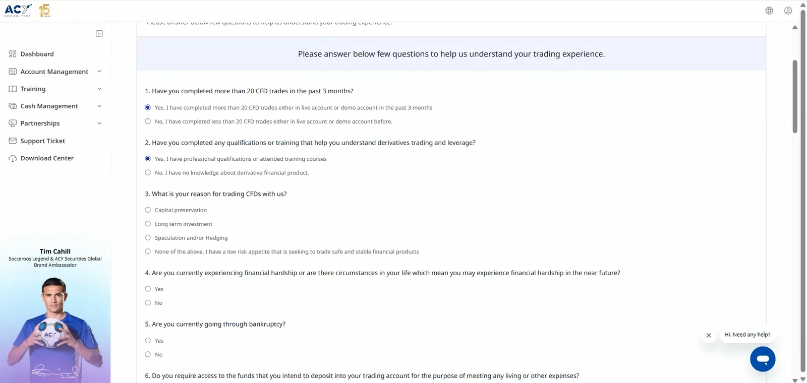 ACY Securities Appropriateness questionnaire showing questions on 20 CFD trades in three months, derivatives qualifications, reason for trading CFDs, financial hardship, bankruptcy and whether the deposit is needed for living expenses