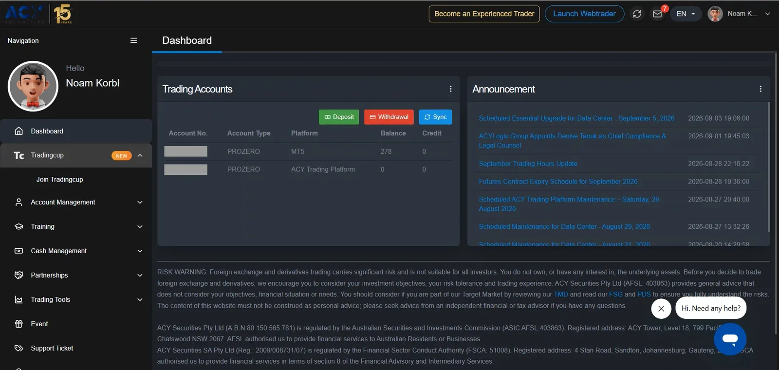 ACY Securities dashboard Trading Accounts panel listing two PROZERO accounts, one on MT5 with a balance of 278 and one on the ACY Trading Platform at zero