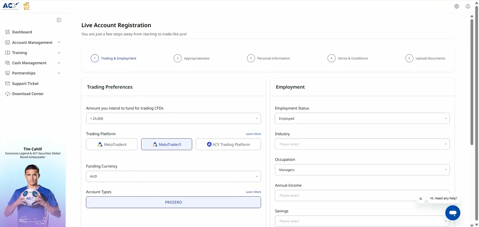 ACY Securities live account registration stage one showing the five-stage progress bar, MetaTrader4, MetaTrader5 and ACY Trading Platform as platform choices, AUD as funding currency and PROZERO as the only account type