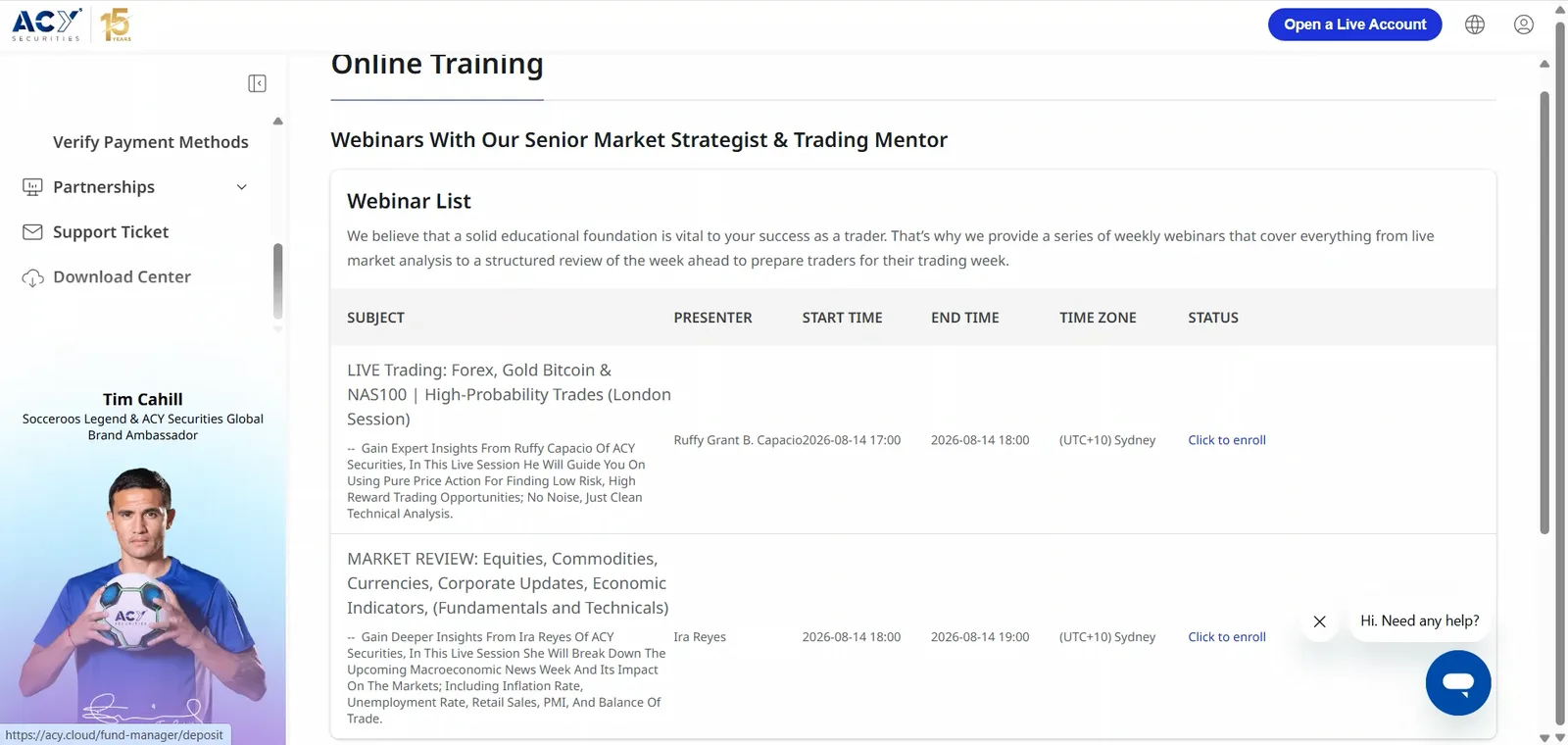 ACY Securities Online Training webinar list showing two scheduled sessions with presenters, Sydney start and end times and Click to enroll links, with an Open a Live Account button still in the header