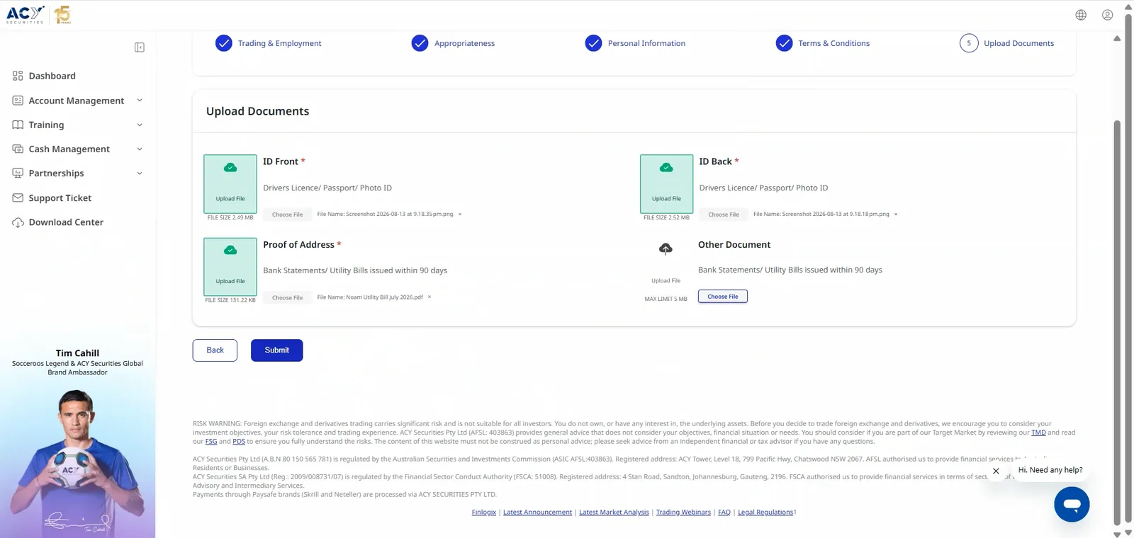 ACY Securities Upload Documents stage showing required ID Front, ID Back and Proof of Address slots plus an optional Other Document slot, with the first four stages ticked complete