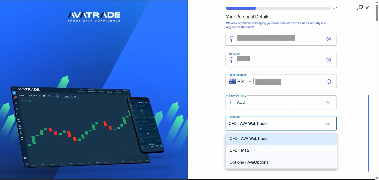 AvaTrade application stage 2 of 7 with base currency set to AUD and the platform dropdown open showing CFD AVA WebTrader, CFD MT5 and Options AvaOptions