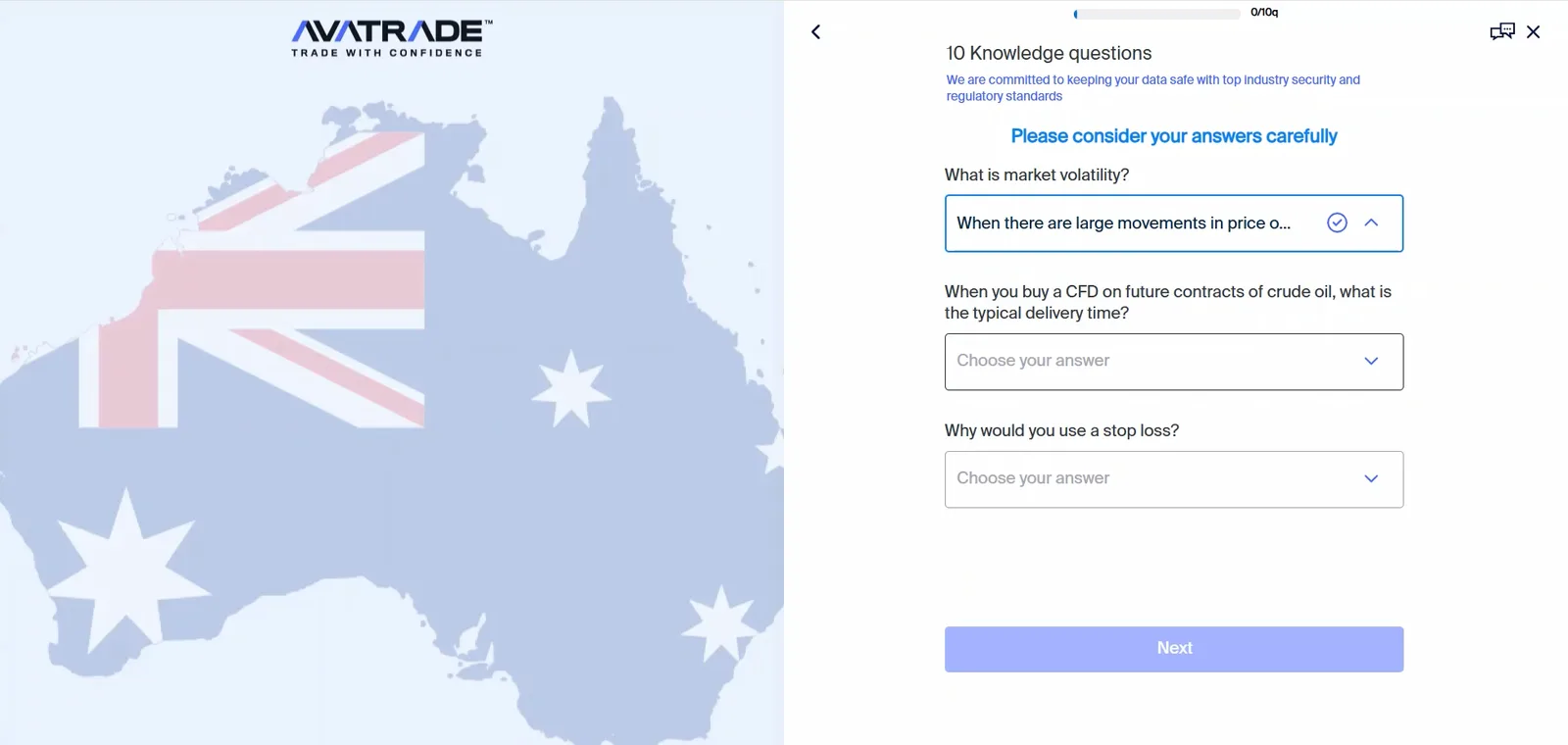 AvaTrade ten knowledge questions screen asking what market volatility is, the typical delivery time on a crude oil futures CFD and why you would use a stop loss