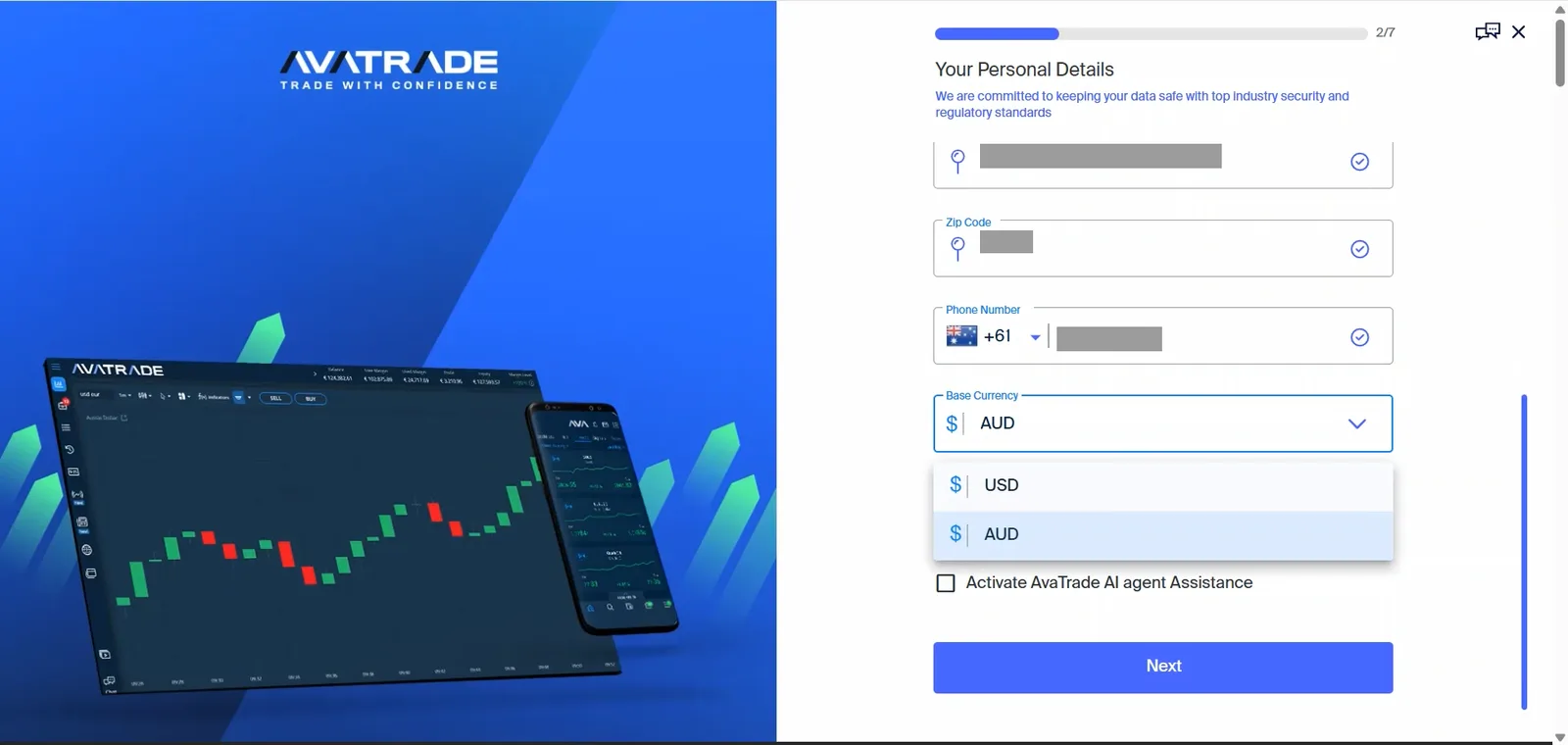 AvaTrade application showing the base currency dropdown open on USD and AUD, above an unticked checkbox reading Activate AvaTrade AI agent Assistance