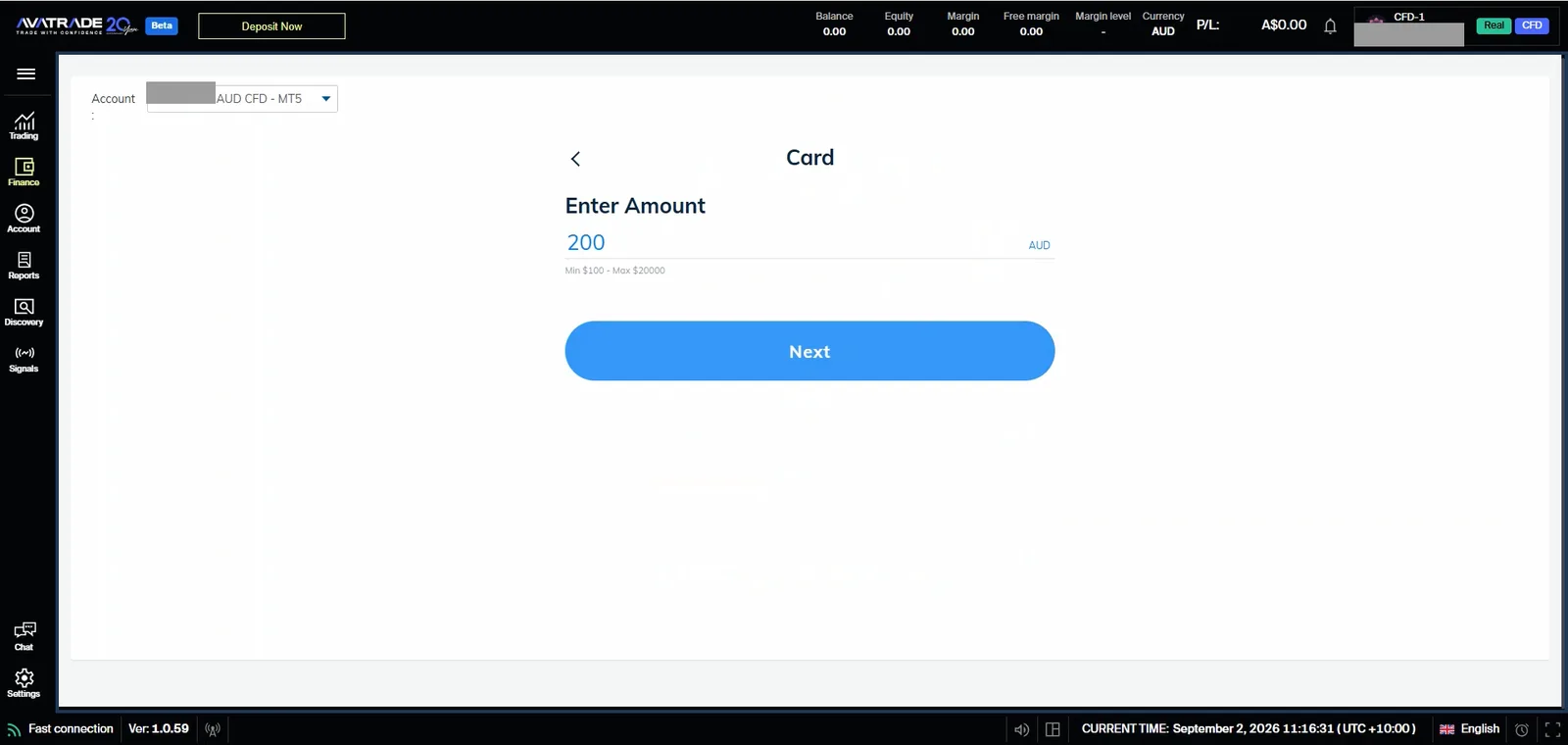 AvaTrade card deposit form with 200 entered in an AUD amount field and the line Min $100 - Max $20000 printed below it