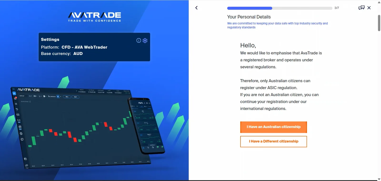 AvaTrade application stage 3 of 7 stating that only Australian citizens can register under ASIC regulation, with buttons for Australian citizenship and a different citizenship