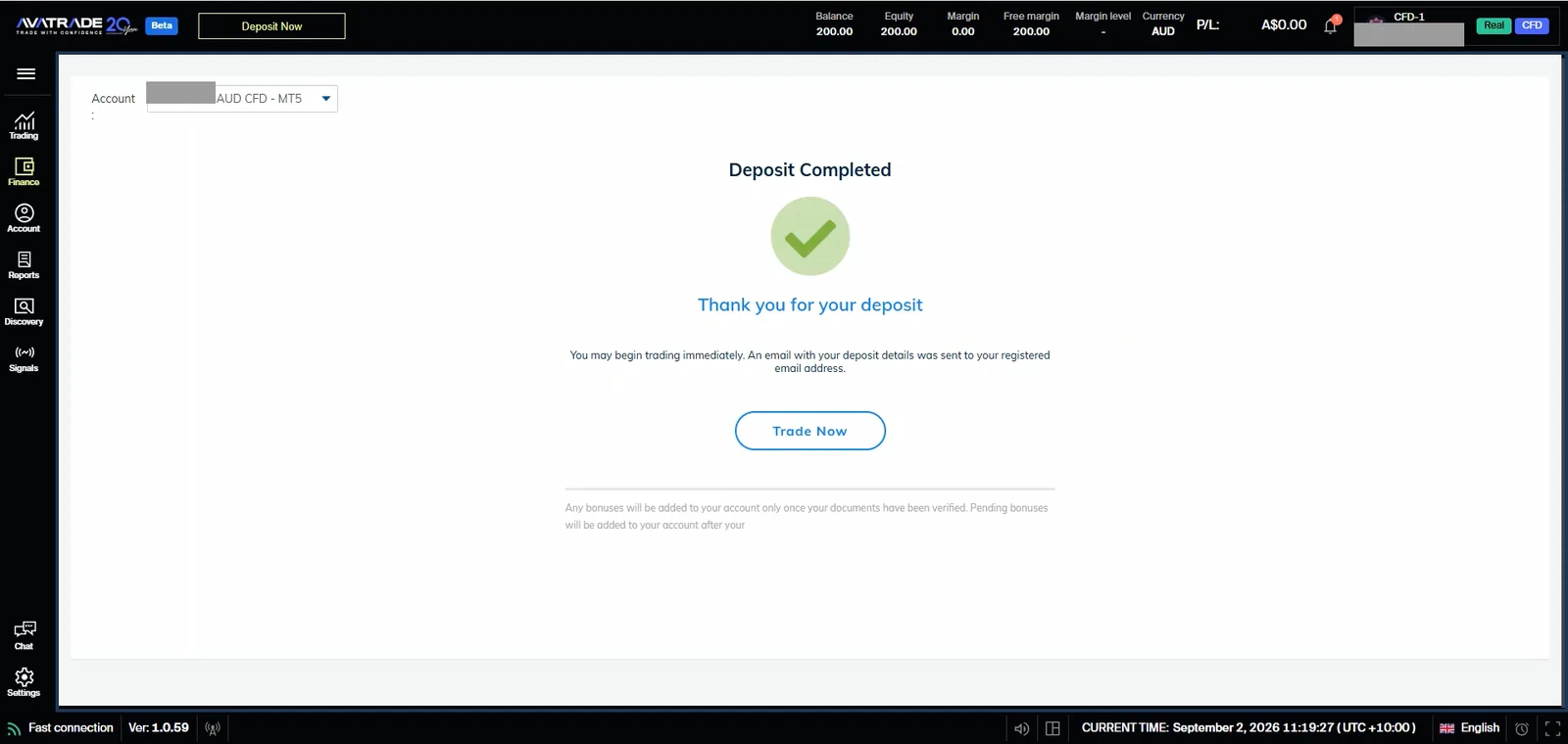 AvaTrade Deposit Completed screen with balance, equity and free margin all reading 200.00 and a message that trading can begin immediately
