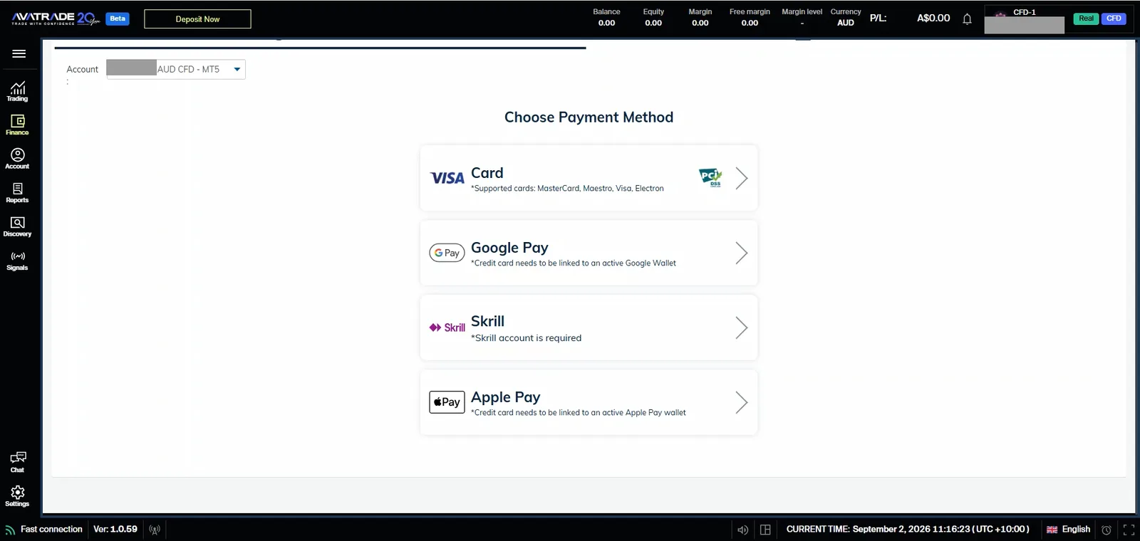 AvaTrade Choose Payment Method screen listing Card, Google Pay, Skrill and Apple Pay as the four deposit options on an AUD CFD MT5 account