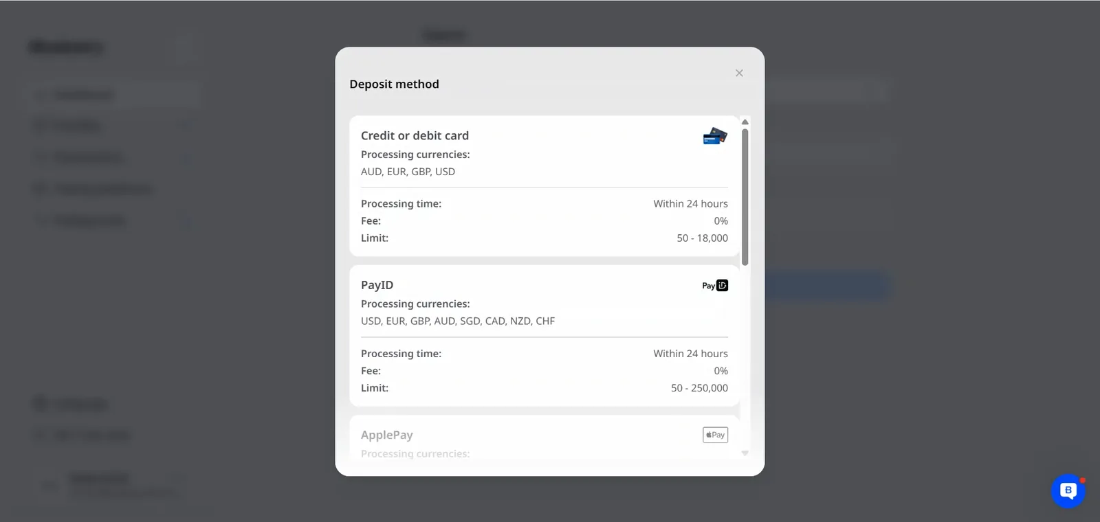 Blueberry Markets deposit method screen listing Credit or debit card, PayID and Apple Pay with processing currencies, fees and limits
