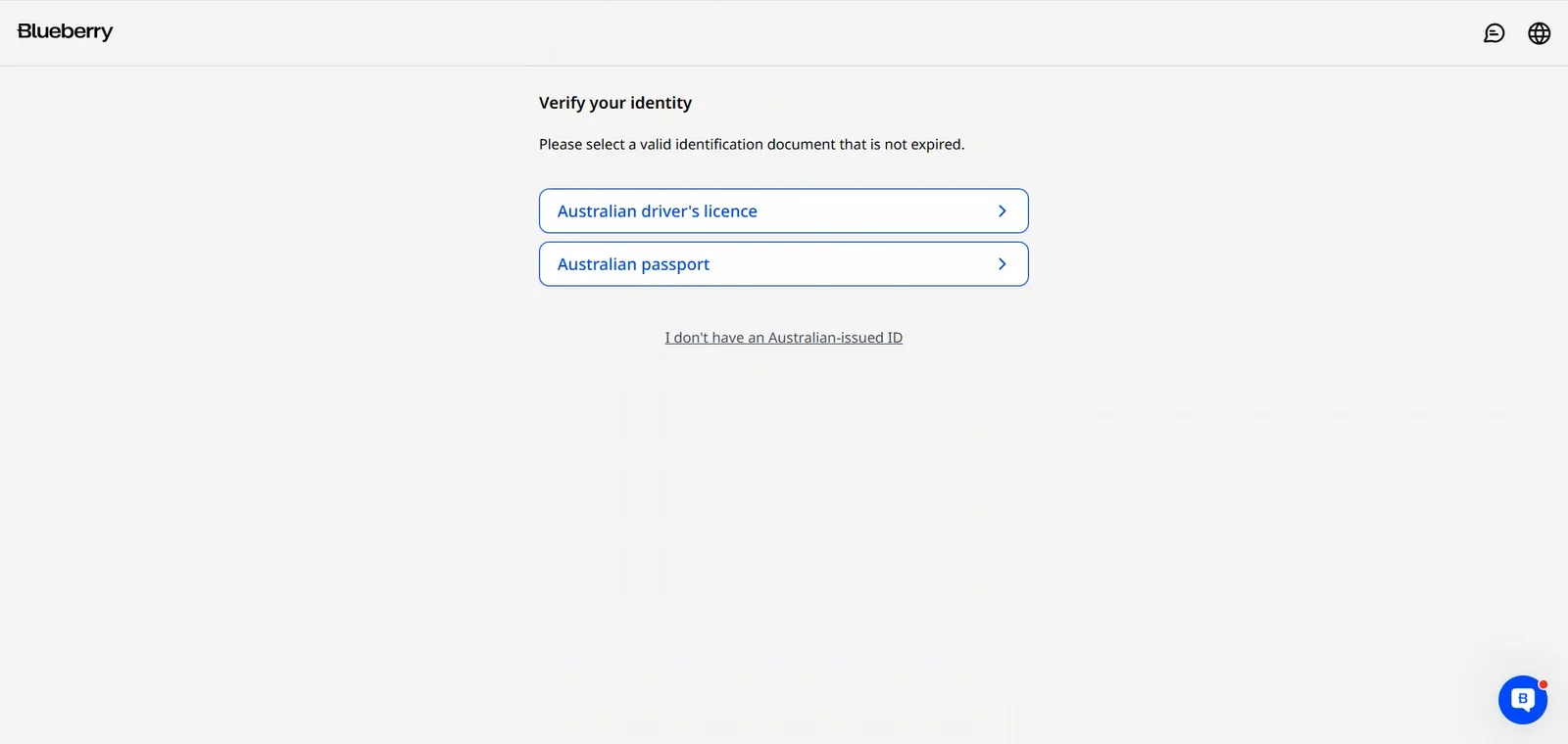 Blueberry Markets identity verification screen offering an Australian driver's licence or an Australian passport as the only ID options