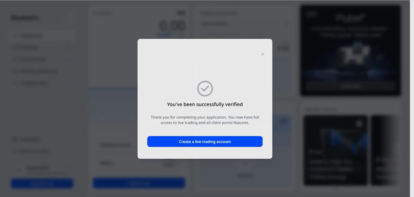 Blueberry Markets client portal confirming successful identity verification and full access to live trading