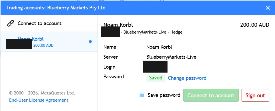 MetaTrader 5 web terminal showing the connected Blueberry Markets live account with balance, equity and free margin of A$200.00, login masked