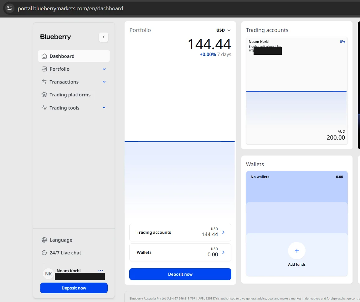 Blueberry Markets client portal dashboard showing a live MT5 trading account funded with A$200.00, login masked