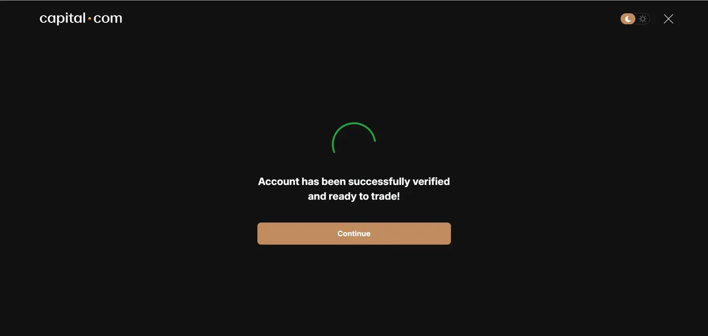 Confirmation screen reading "Account has been successfully verified and ready to trade!" with a Continue button.
