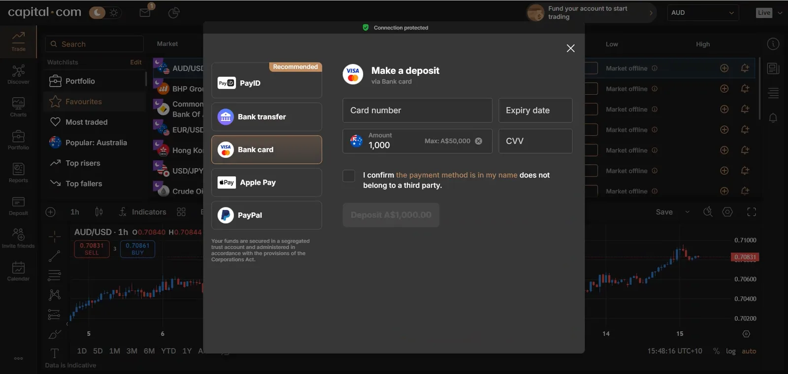 Bank card deposit view with empty Card number, Expiry date and CVV fields, an amount field marked Max: A$50,000 and a greyed out deposit button.