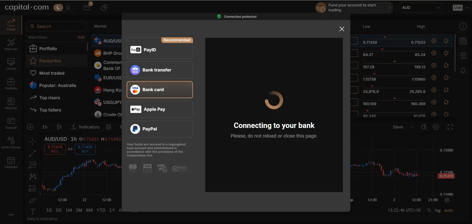 Deposit dialog mid payment showing a spinner, the text "Connecting to your bank", a request not to reload or close the page, and four security marks.