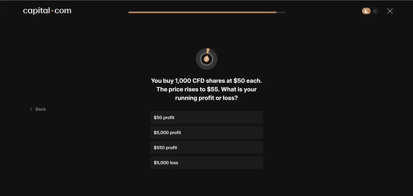 CFD knowledge assessment question asking the running profit or loss on 1,000 shares bought at $50 and risen to $55, with all four options unselected.