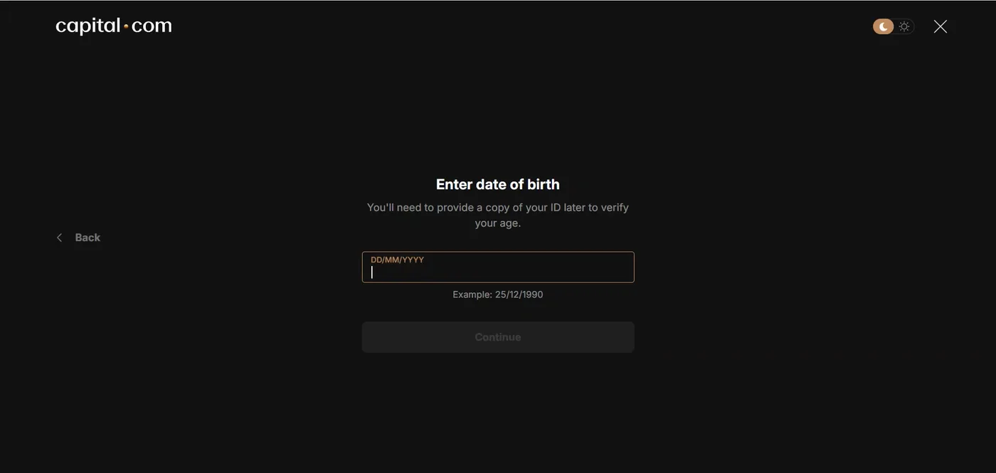 Enter date of birth step with an empty DD/MM/YYYY field, a greyed out Continue button and a subtitle about supplying ID later.
