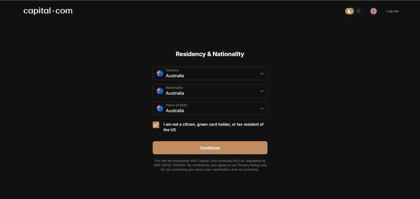 Residency and Nationality step of the Capital.com application with three dropdowns set to Australia and small print naming ASIC AFSL 513393.