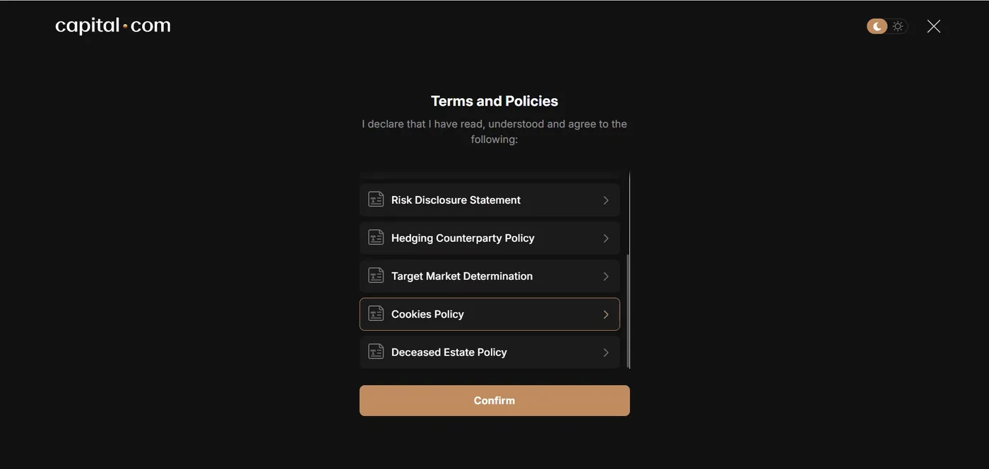 Terms and Policies step showing rows for Risk Disclosure Statement, Hedging Counterparty Policy, Target Market Determination, Cookies Policy and Deceased Estate Policy.