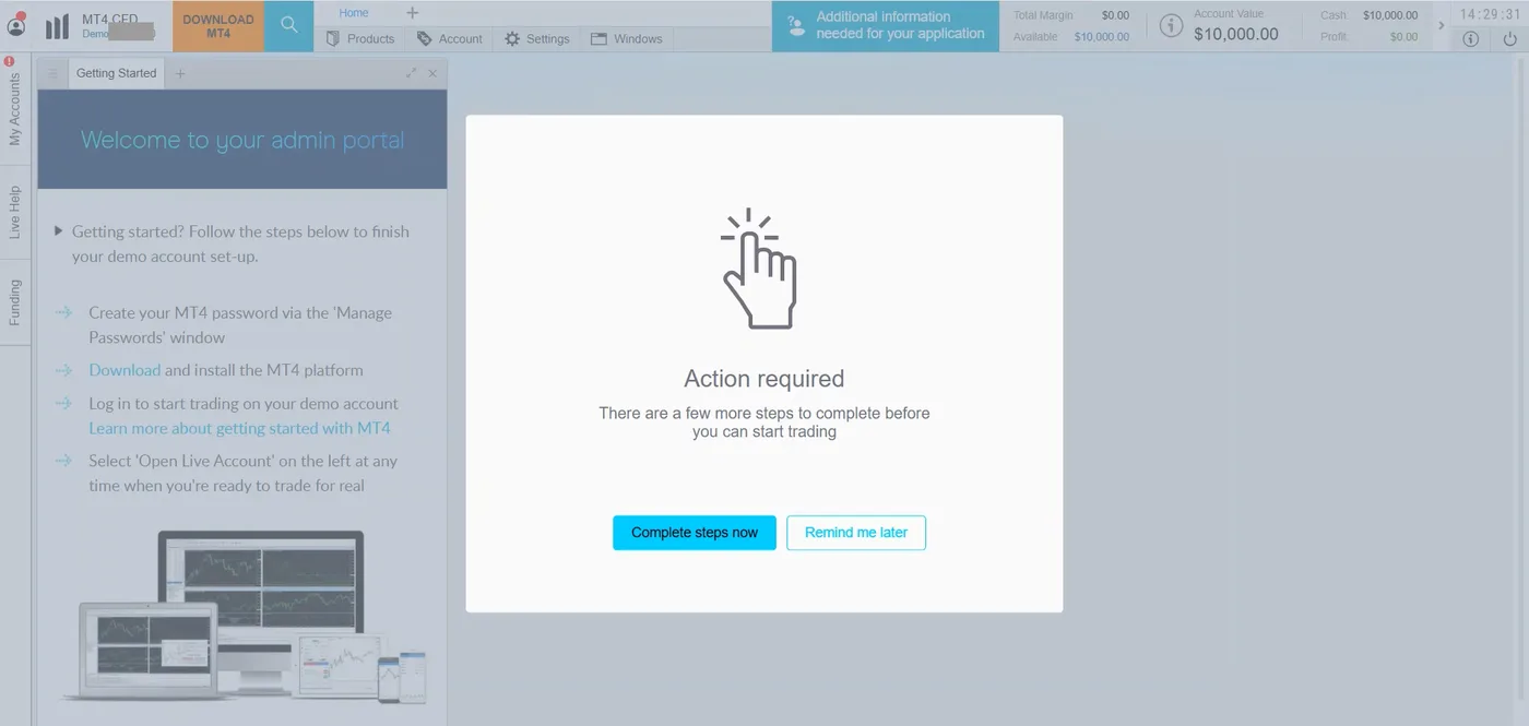 Admin portal showing the MT4 CFD demo balance, a welcome panel with setup steps, and an action required modal.