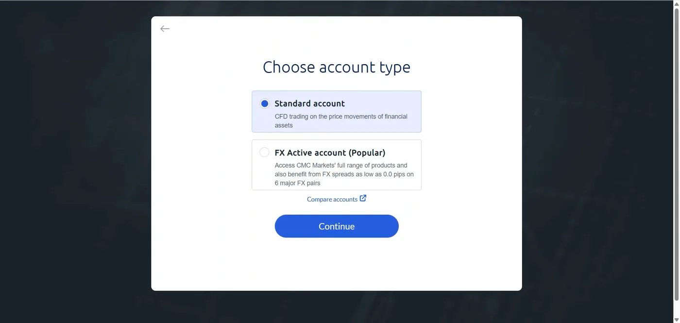 Choose account type screen showing Standard account selected and an FX Active account marked Popular, with a Continue button.