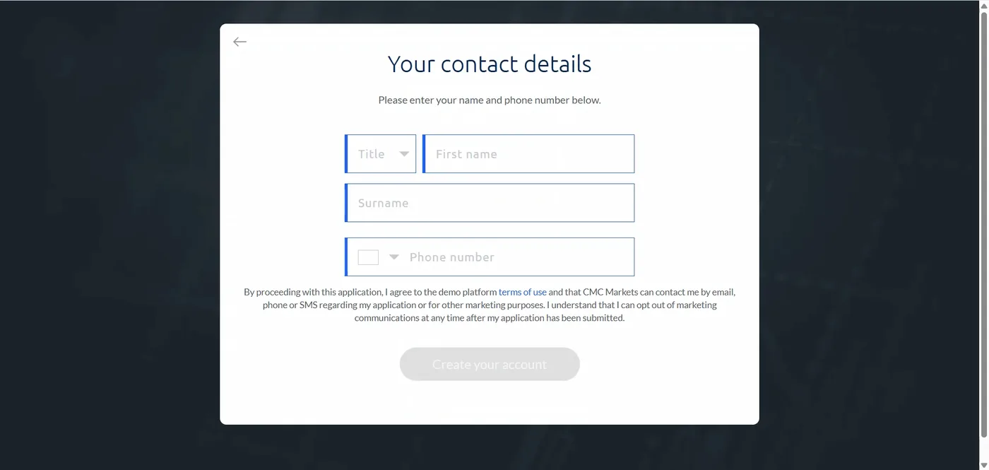 Contact details form with empty title, first name, surname and phone fields, consent wording and a greyed create account button.