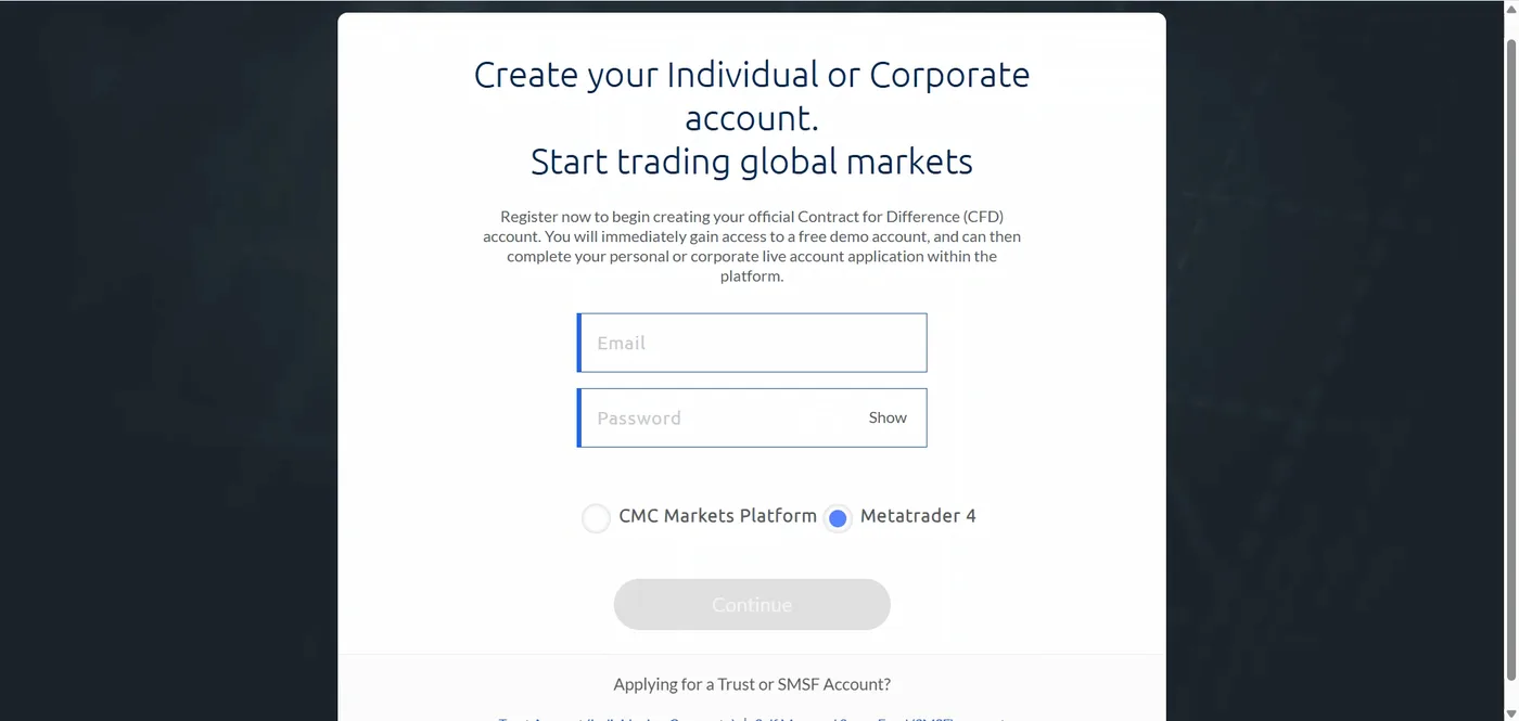 Account creation page with email and password fields, platform radio buttons with Metatrader 4 selected, and a greyed Continue button.