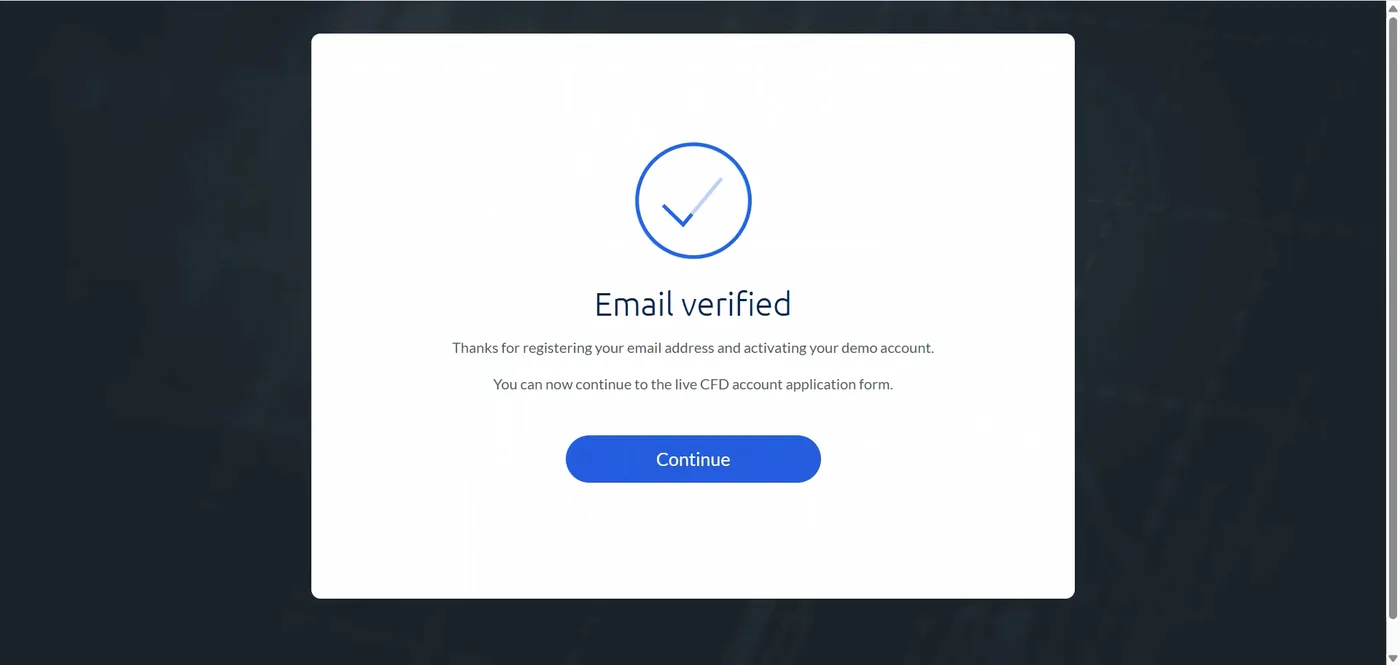 A green tick with a message that the email is verified, the demo account is activated, and the live application can continue.