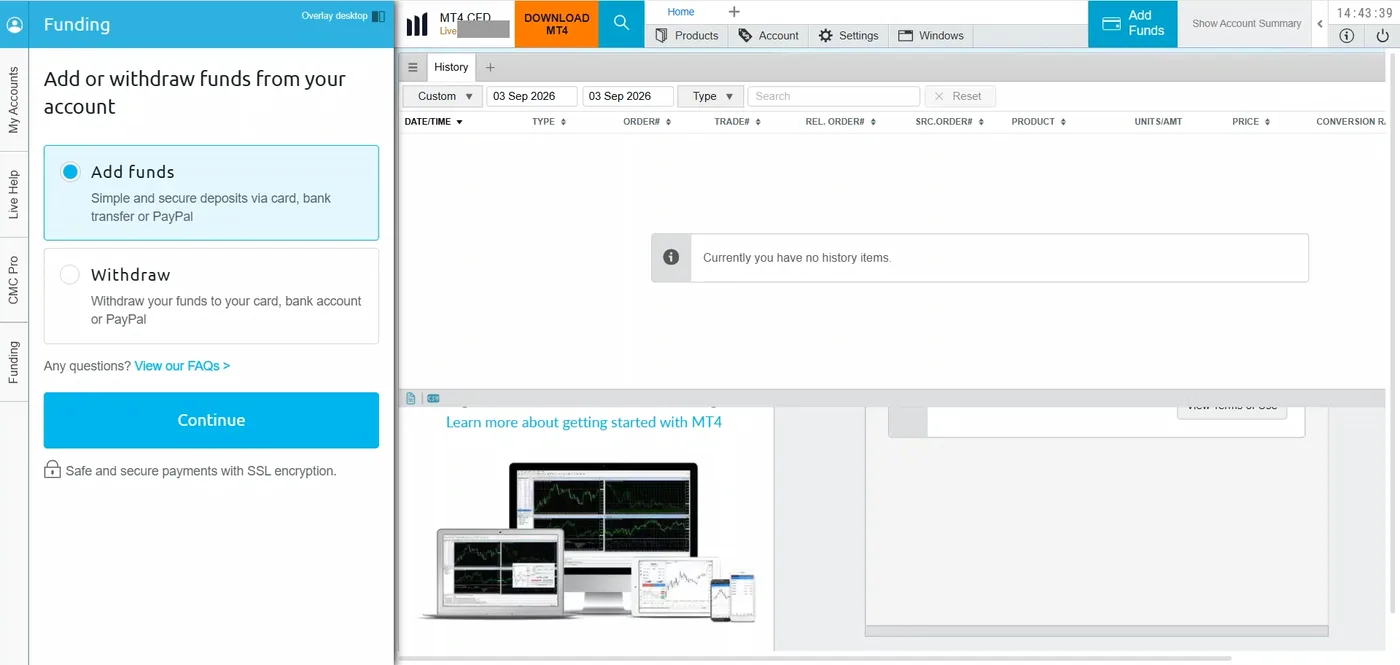 History tab filtered to 3 September 2026 with a no history items notice beside a Funding panel offering Add funds.