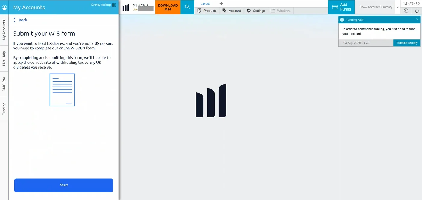 A W-8BEN submission prompt with explanatory text, a document icon, a Start button and a Funding Alert banner.