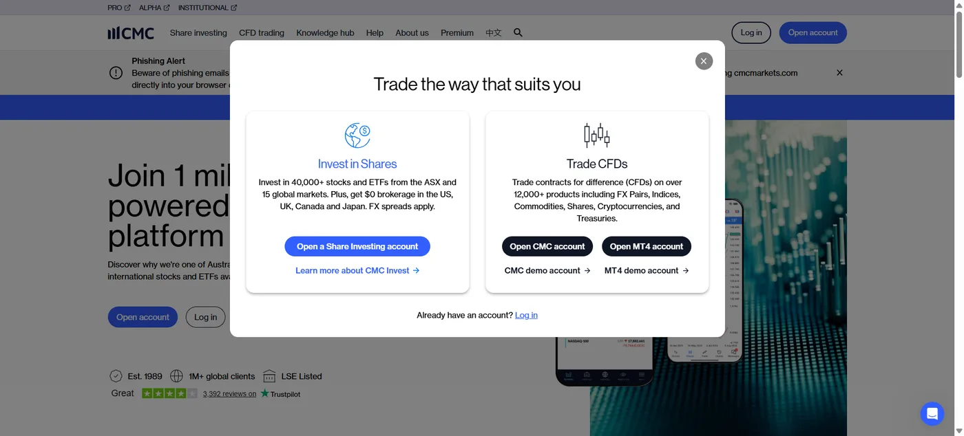 A modal over the CMC Markets homepage offering Invest in Shares or Trade CFDs, with open account buttons for CMC, MT4 and demo options.