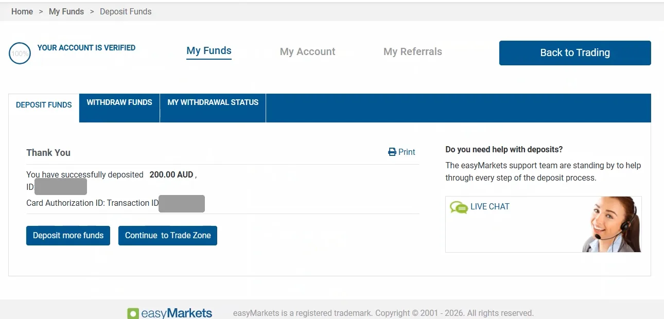 Deposit confirmation showing successful 200 AUD deposit with masked IDs.