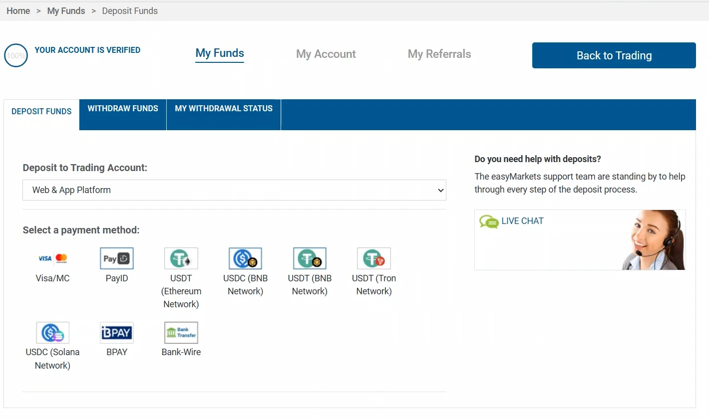 Deposit screen with nine payment methods and verified account badge.