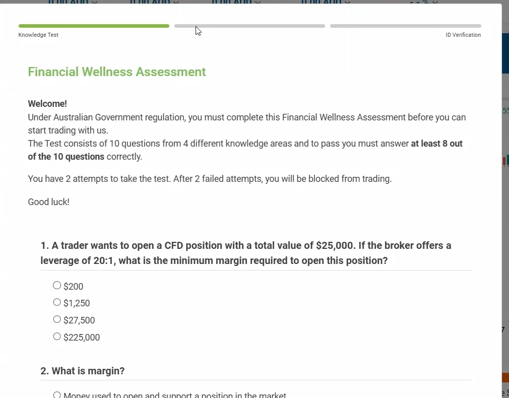 Financial Wellness Assessment screen showing pass mark and first question on margin.