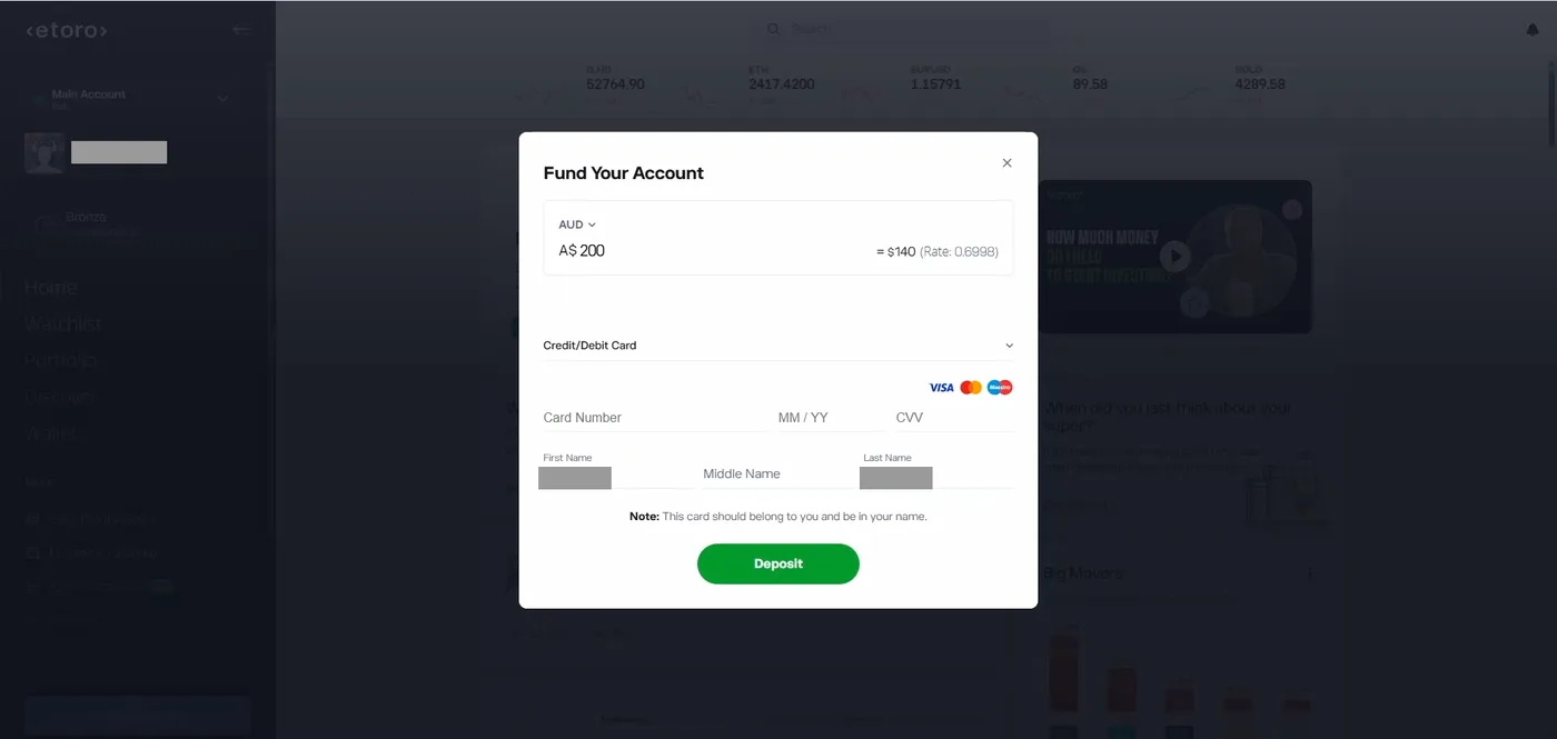 Fund Your Account modal with AUD selected, A$200 entered, a $140 conversion at rate 0.6998, card fields and name fields covered by grey boxes.