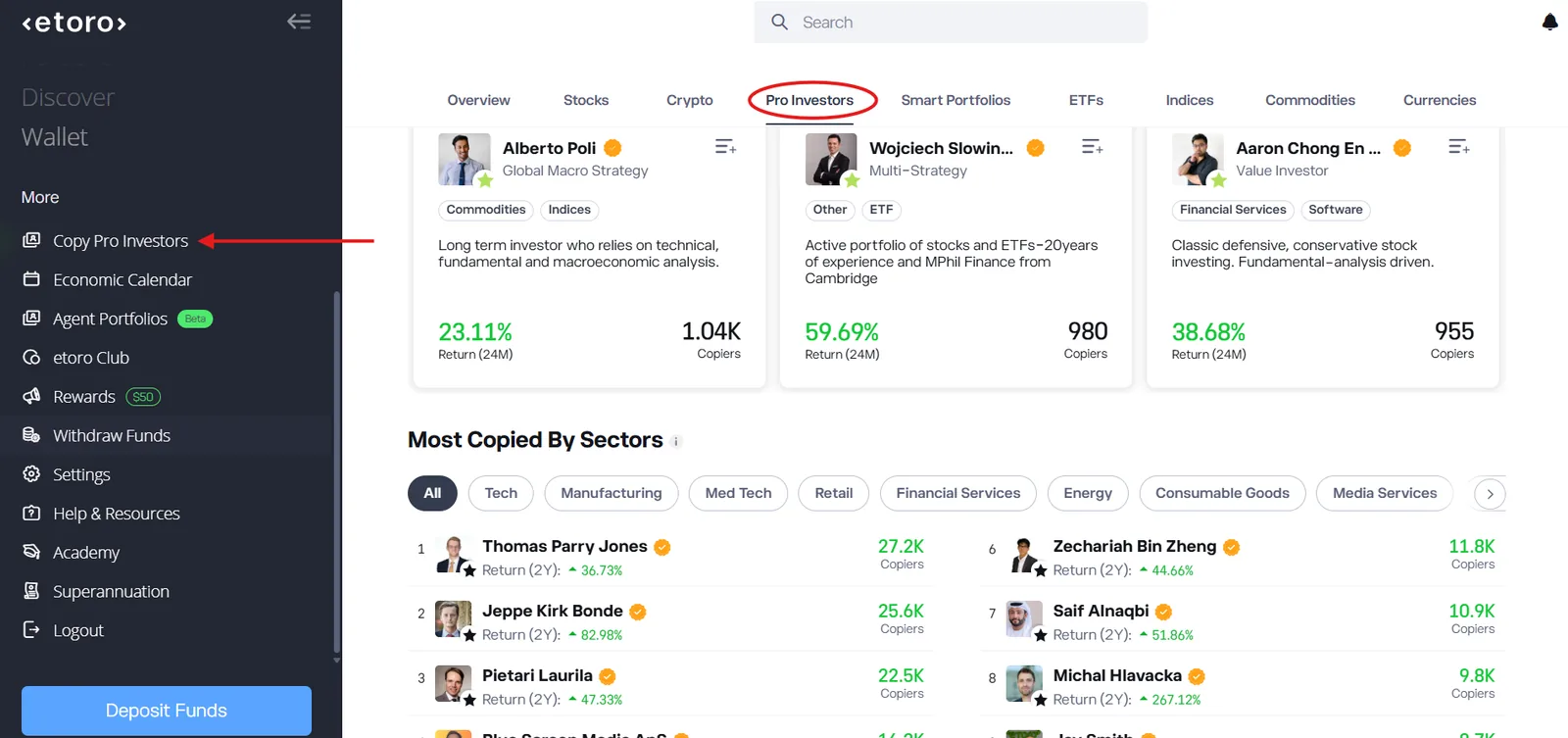 eToro Copy Pro Investors page showing featured professional investor profiles with strategy type, 24 month return and copier counts
