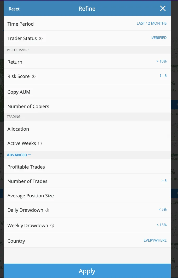 eToro CopyTrader refine panel filtering traders by return, risk score and drawdown
