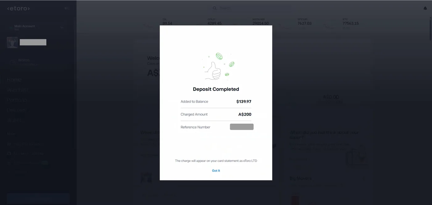 Deposit Completed modal with a thumbs-up illustration, $139.97 added to balance, A$200 charged amount and a covered reference number.