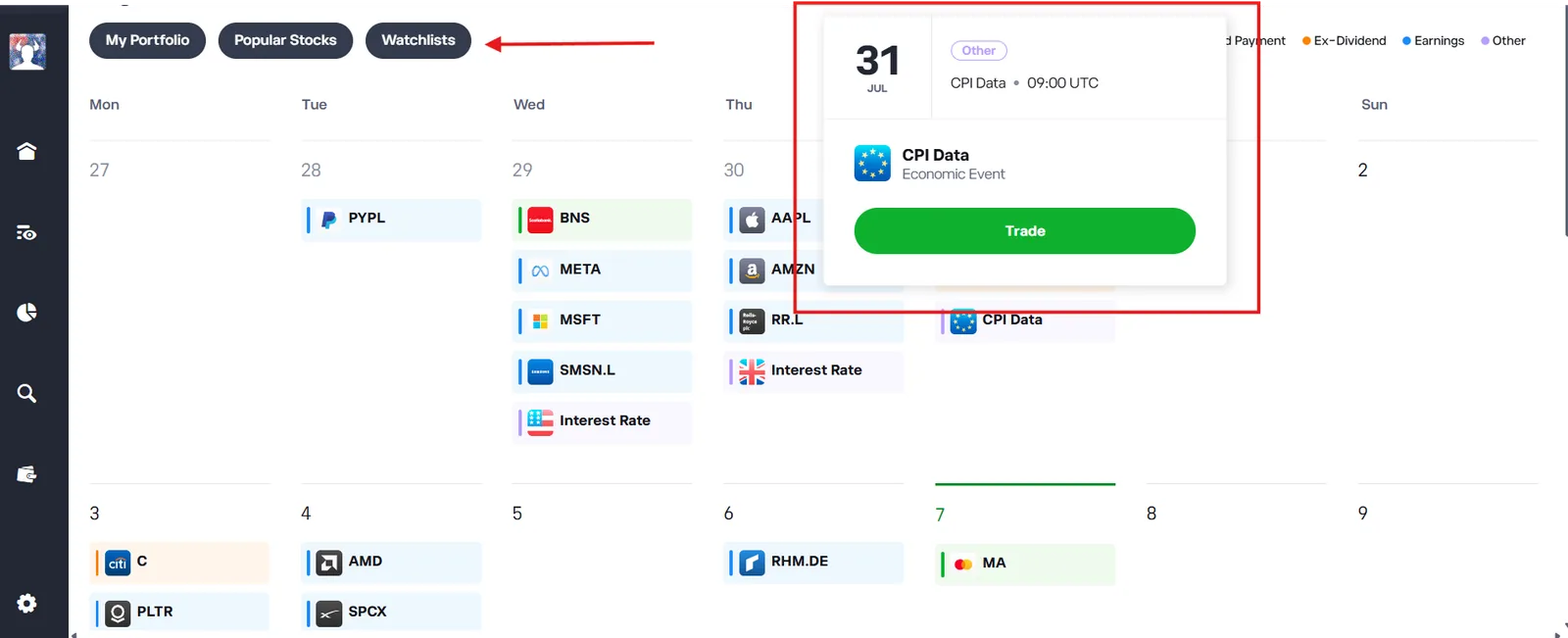 eToro economic and earnings calendar showing a weekly grid of scheduled company earnings and economic events