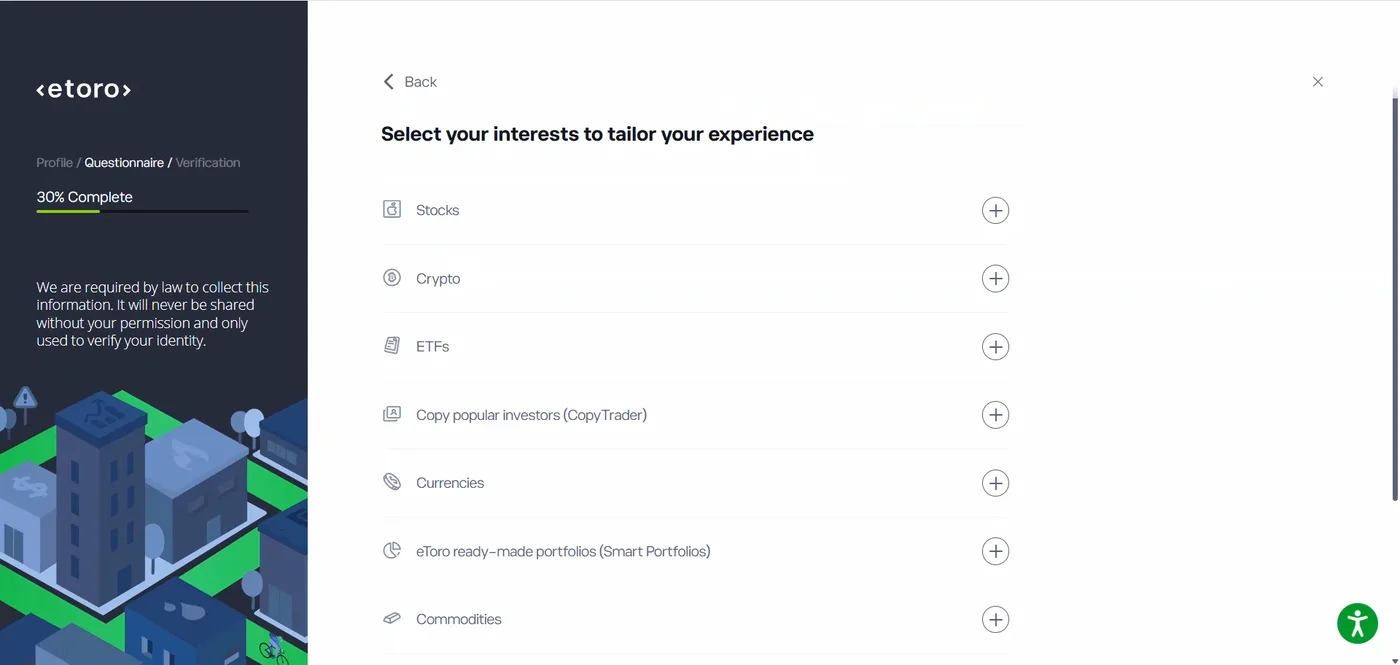 Questionnaire screen titled Select your interests with plus buttons beside Stocks, Crypto, ETFs, Currencies, Commodities and portfolio options.
